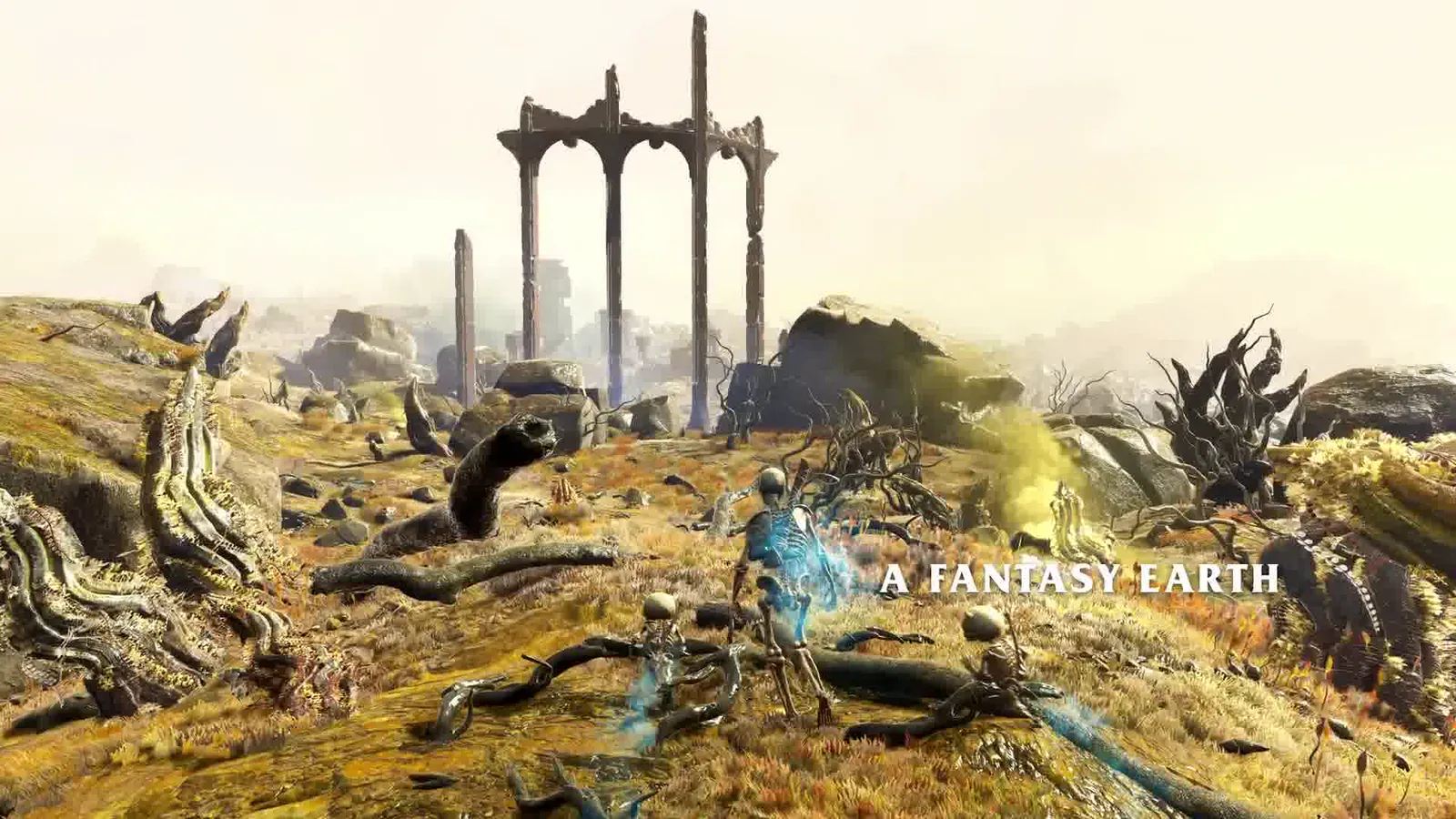 Wastelands and three skeletons walking.