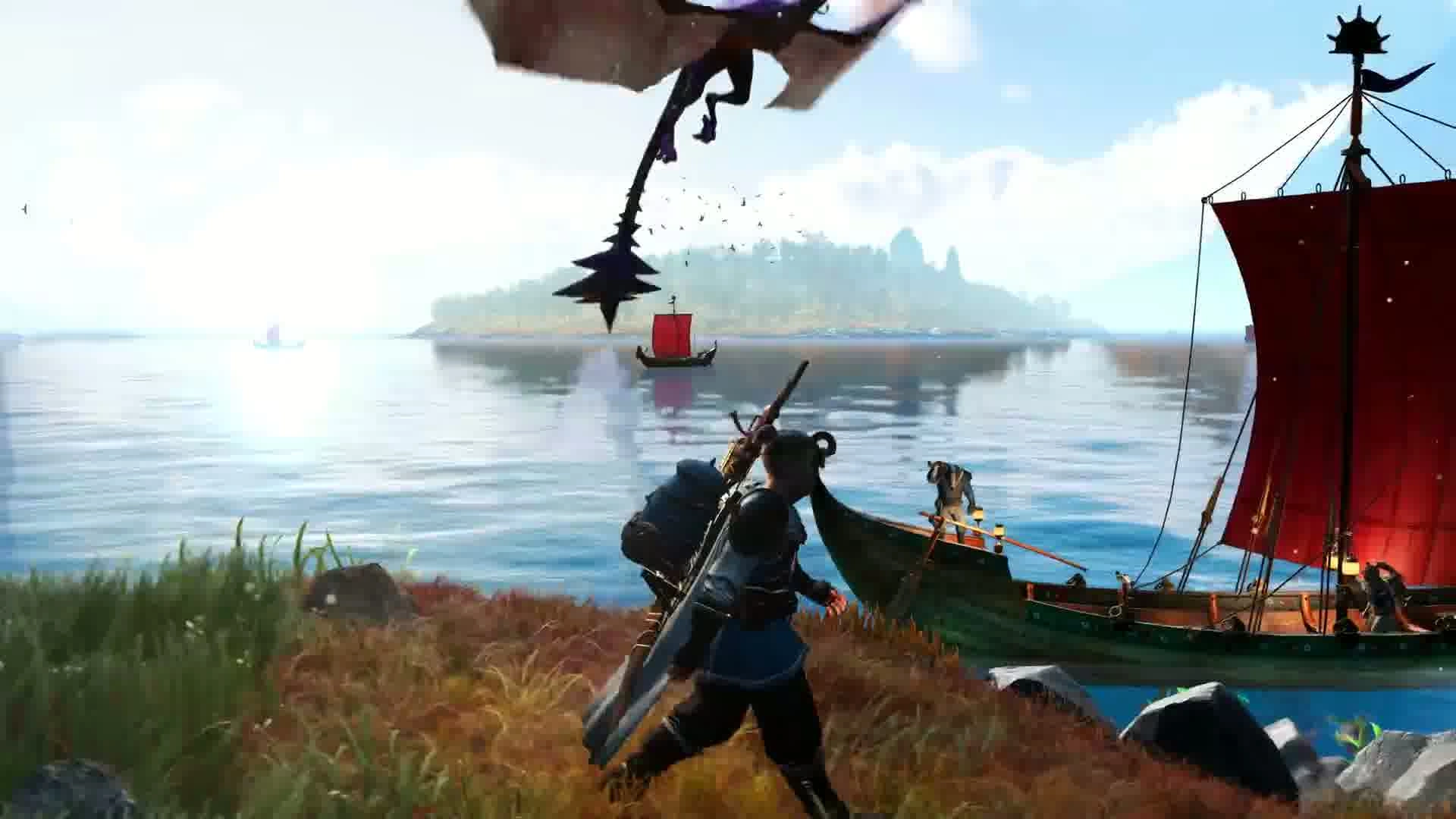 A boat waiting to traverse the sea to an island in the background